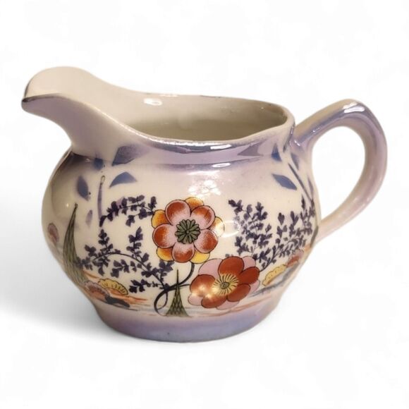 Creamer Pitcher Jug Ceramic with Hand-Painted Flowers and Iridescent Glaze 2.25" - Picture 7 of 8